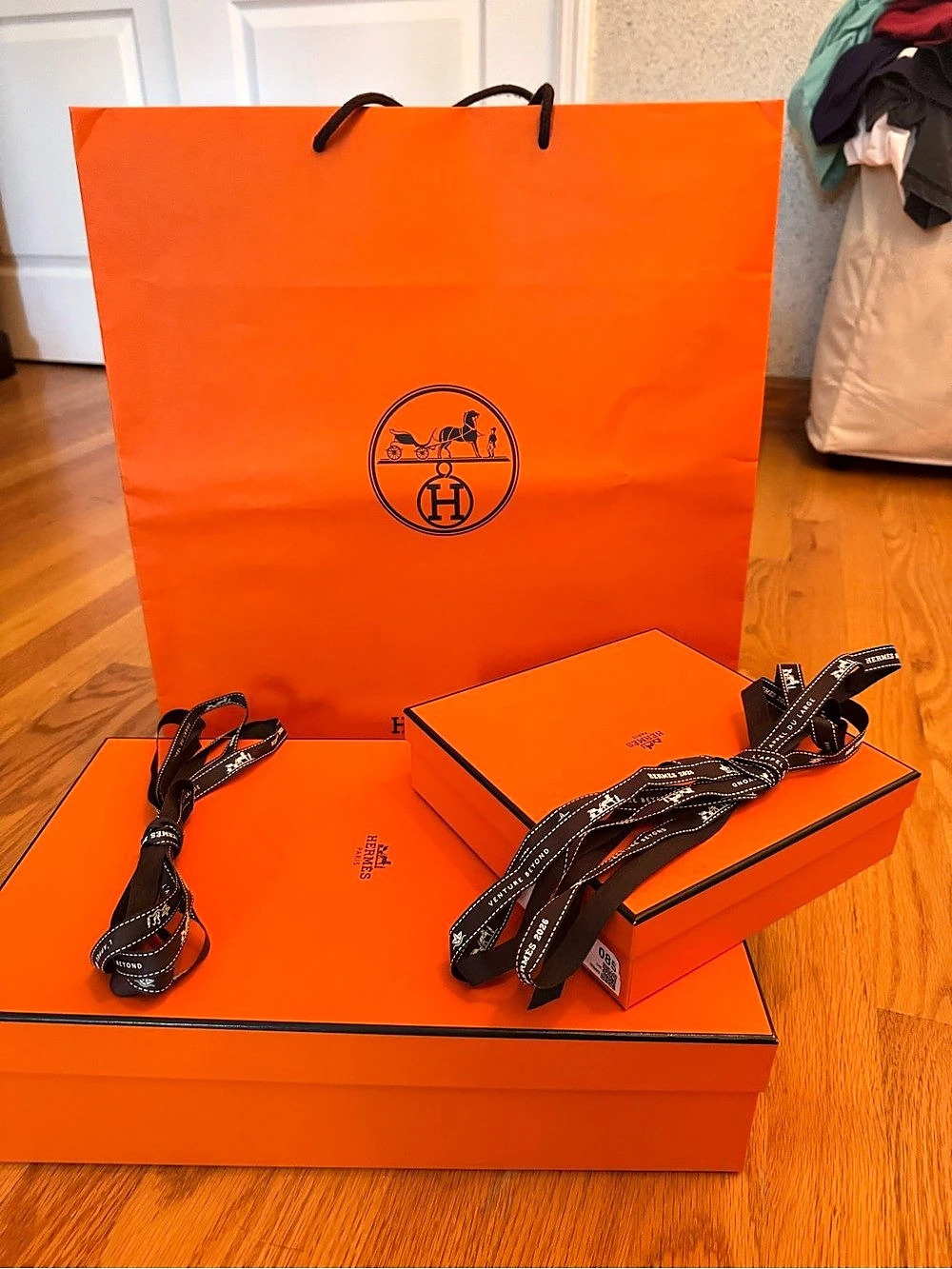 Hermès Orange Shopping Bag and Gift Box Set with Ribbons